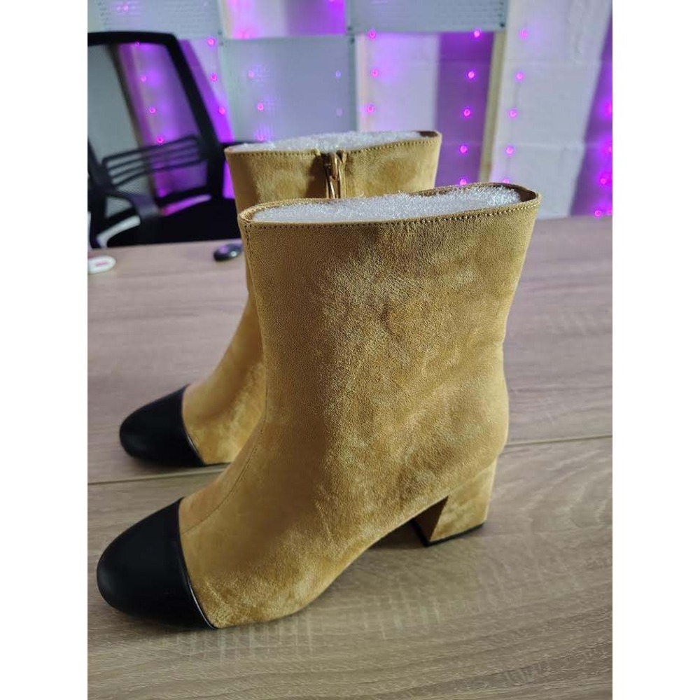 COUTGO Womens Ankle Boots Chunky Block Heel Cap Toe‎ Black Tan Size 9